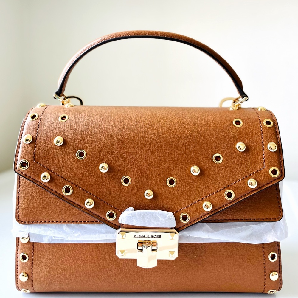 NWT MK Michael Kors Studded Satchel Crossbody Bag 2 Ways Shoulder Bag Brown